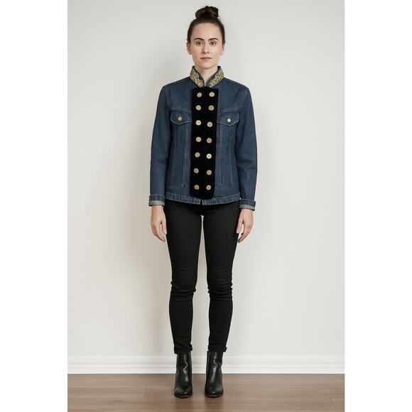 Vintage Military Style 90s Jacket Dark Jean Velvet Stefano Int. Size MED Womens - Picture 1 of 16